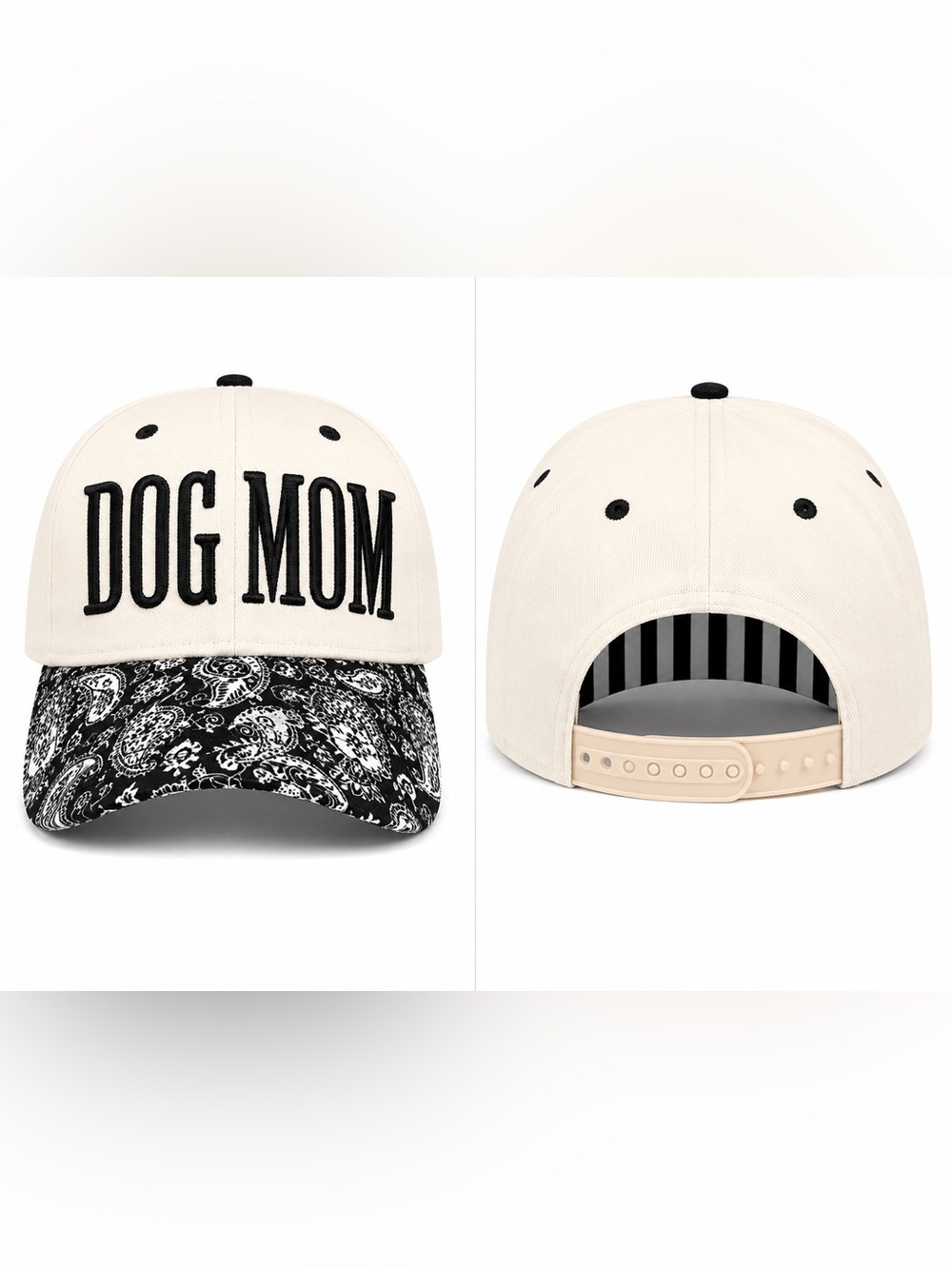 🆕 Dog Mom Paisley Bill Baseball Hat Cream Black Adjustable Cap - Picture 2 of 2